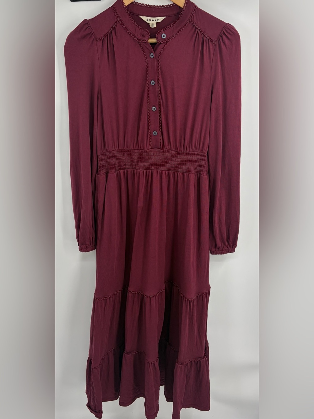 Boden shirred waist long sleeve tiered burgundy midi dress womens 8 cottage boho